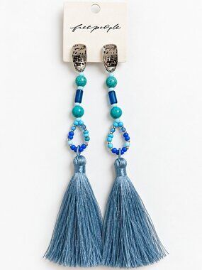 Free People Blue Turquoise Beaded Tassel Statement Earrings NWT